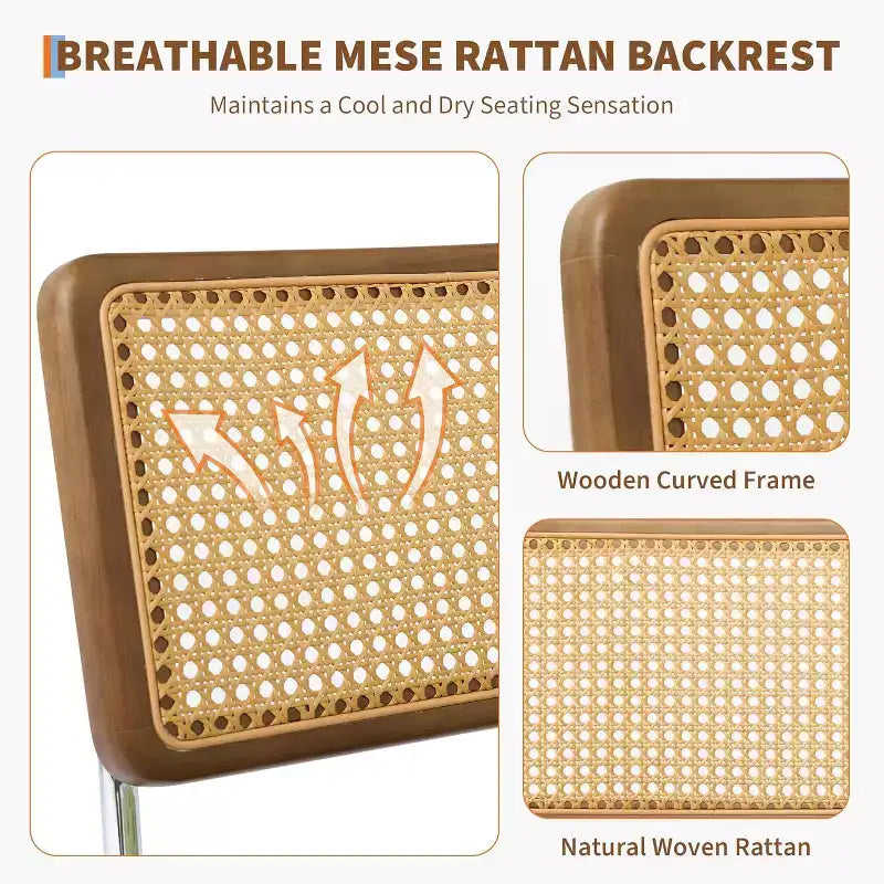 Set di 2 sedie da pranzo in rattan naturale, sedie da cucina moderne in stile bohémien con schienale e gambe interamente in legno e seduta imbottita per sala da pranzo