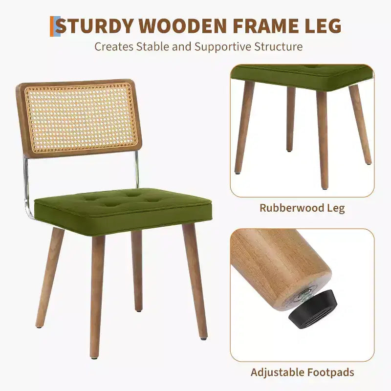 Set di 2 sedie da pranzo in rattan naturale, sedie da cucina moderne in stile bohémien con schienale e gambe interamente in legno e seduta imbottita per sala da pranzo