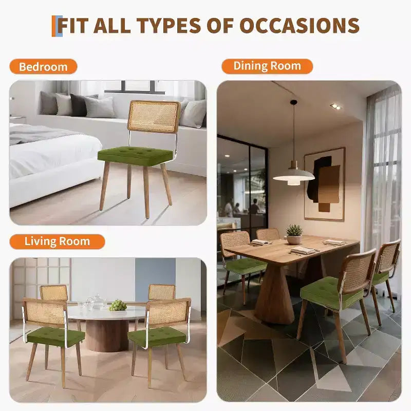 Set di 2 sedie da pranzo in rattan naturale, sedie da cucina moderne in stile bohémien con schienale e gambe interamente in legno e seduta imbottita per sala da pranzo