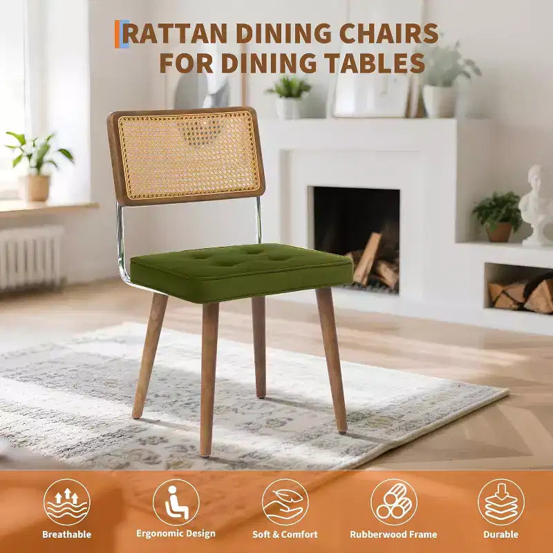 Set di 2 sedie da pranzo in rattan naturale, sedie da cucina moderne in stile bohémien con schienale e gambe interamente in legno e seduta imbottita per sala da pranzo