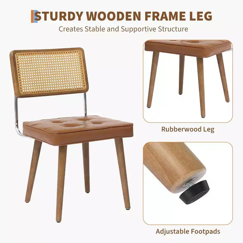 Set di 2 sedie da pranzo in rattan naturale, sedie da cucina moderne in stile bohémien con schienale e gambe interamente in legno e seduta imbottita per sala da pranzo