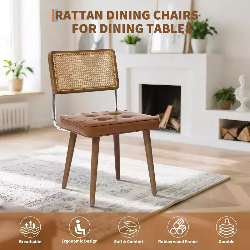 Set di 2 sedie da pranzo in rattan naturale, sedie da cucina moderne in stile bohémien con schienale e gambe interamente in legno e seduta imbottita per sala da pranzo