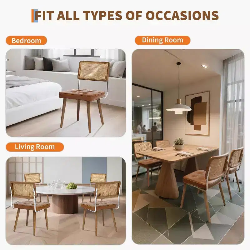 Set di 2 sedie da pranzo in rattan naturale, sedie da cucina moderne in stile bohémien con schienale e gambe interamente in legno e seduta imbottita per sala da pranzo