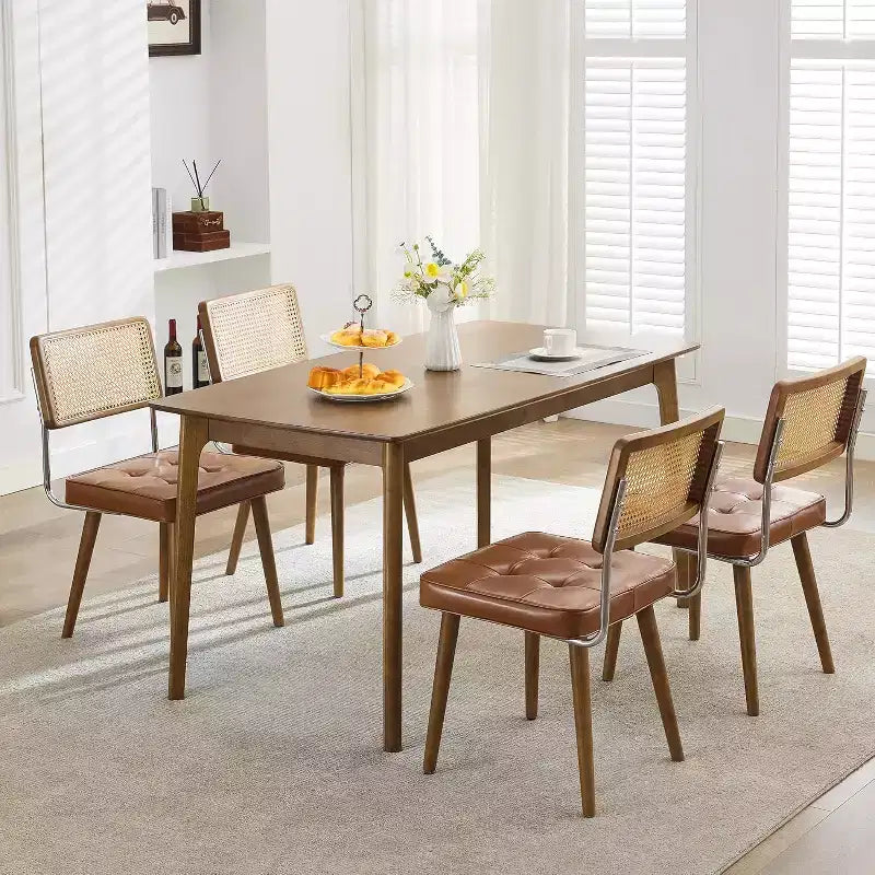 Set di 2 sedie da pranzo in rattan naturale, sedie da cucina moderne in stile bohémien con schienale e gambe interamente in legno e seduta imbottita per sala da pranzo