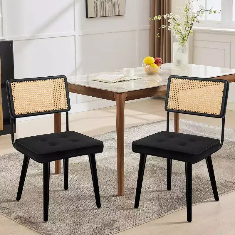 Set di 2 sedie da pranzo in rattan naturale, sedie da cucina moderne in stile bohémien con schienale e gambe interamente in legno e seduta imbottita per sala da pranzo