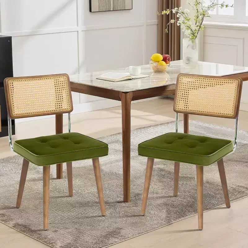 Set di 2 sedie da pranzo in rattan naturale, sedie da cucina moderne in stile bohémien con schienale e gambe interamente in legno e seduta imbottita per sala da pranzo