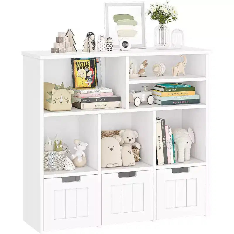 Toy Storage Cabinet with 3 Movable Drawers & 6 Cubes, Children's Toy Shelf Kids Bookshelf with Hidden Wheels, Kids Bookcase Toy Storage Organizer