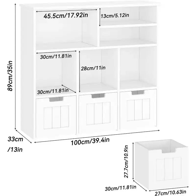 Mobile per giocattoli con 3 cassetti rimovibili e 6 cubi, Scaffale porta giochi per bambini Scaffale per libri per bambini con ruote a scomparsa, Libreria per bambini Organizzatore porta giocattoli