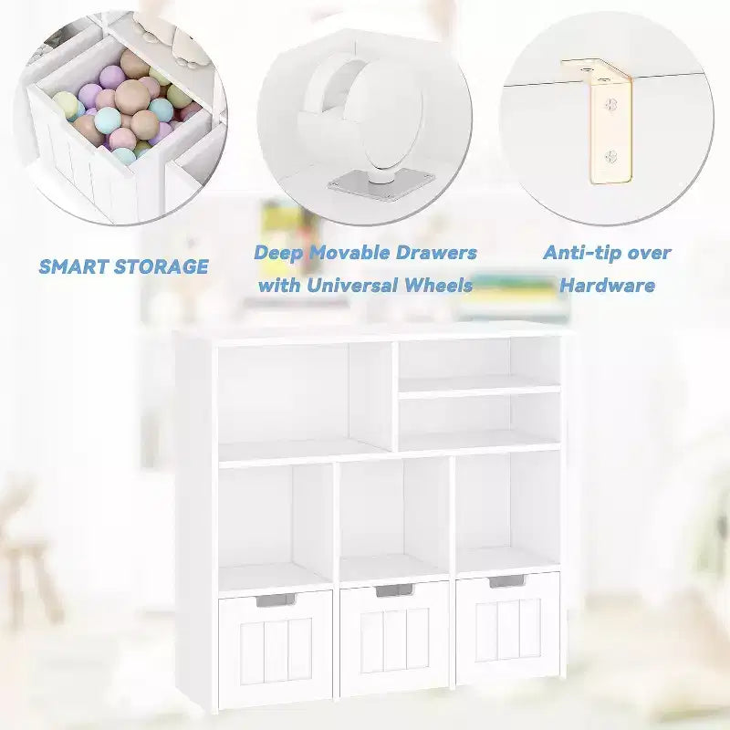 Mobile per giocattoli con 3 cassetti rimovibili e 6 cubi, Scaffale porta giochi per bambini Scaffale per libri per bambini con ruote a scomparsa, Libreria per bambini Organizzatore porta giocattoli