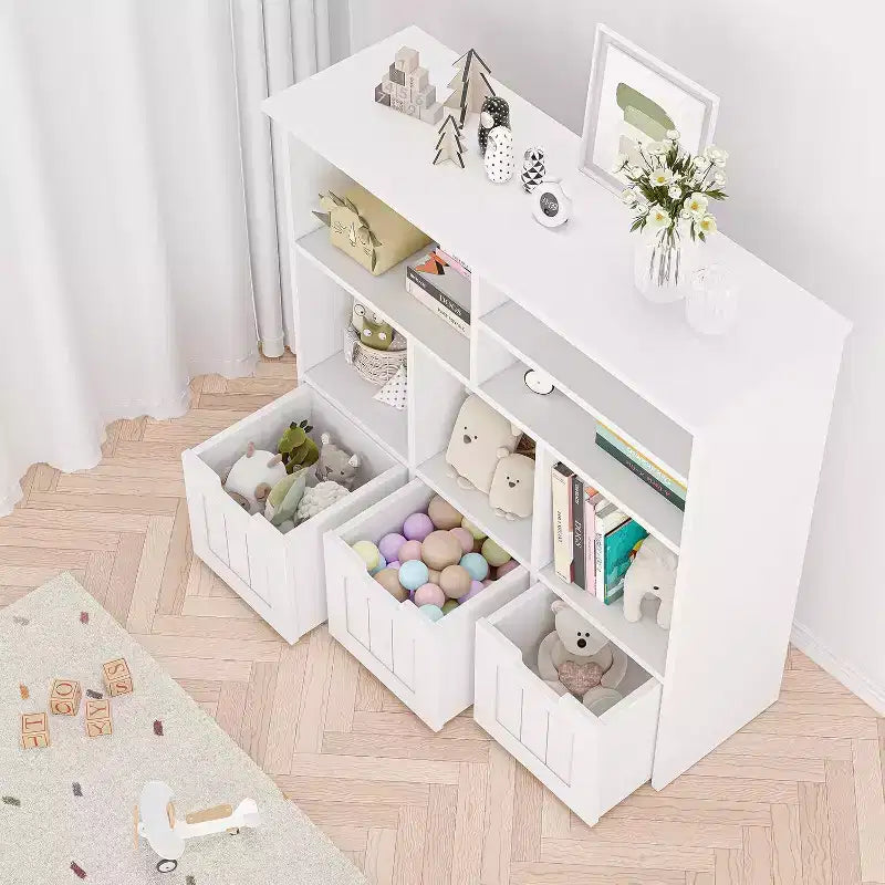 Mobile per giocattoli con 3 cassetti rimovibili e 6 cubi, Scaffale porta giochi per bambini Scaffale per libri per bambini con ruote a scomparsa, Libreria per bambini Organizzatore porta giocattoli
