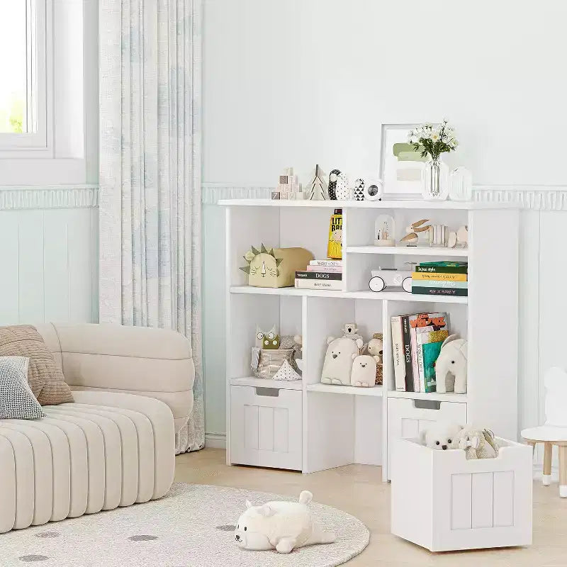Mobile per giocattoli con 3 cassetti rimovibili e 6 cubi, Scaffale porta giochi per bambini Scaffale per libri per bambini con ruote a scomparsa, Libreria per bambini Organizzatore porta giocattoli