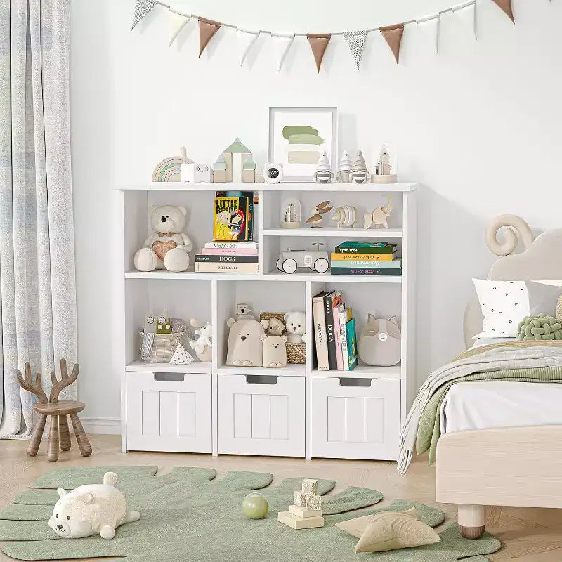 Mobile per giocattoli con 3 cassetti rimovibili e 6 cubi, Scaffale porta giochi per bambini Scaffale per libri per bambini con ruote a scomparsa, Libreria per bambini Organizzatore porta giocattoli