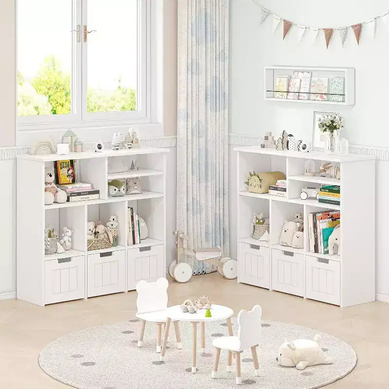 Mobile per giocattoli con 3 cassetti rimovibili e 6 cubi, Scaffale porta giochi per bambini Scaffale per libri per bambini con ruote a scomparsa, Libreria per bambini Organizzatore porta giocattoli