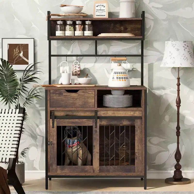 Mobile contenitore da cucina 2-in-1 con cuccia integrata per cani di piccola taglia fino a 18 kg, Marrone rustico