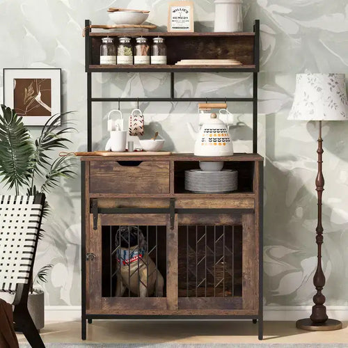 Mobile contenitore da cucina 2-in-1 con cuccia integrata per cani di piccola taglia fino a 18 kg, Marrone rustico