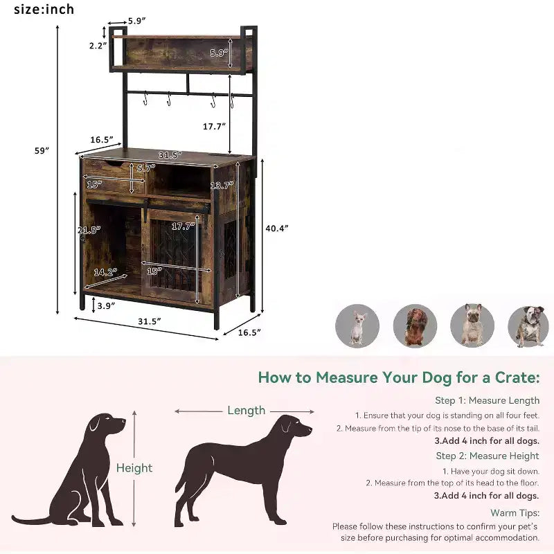 Mobile contenitore da cucina 2-in-1 con cuccia integrata per cani di piccola taglia fino a 18 kg, Marrone rustico