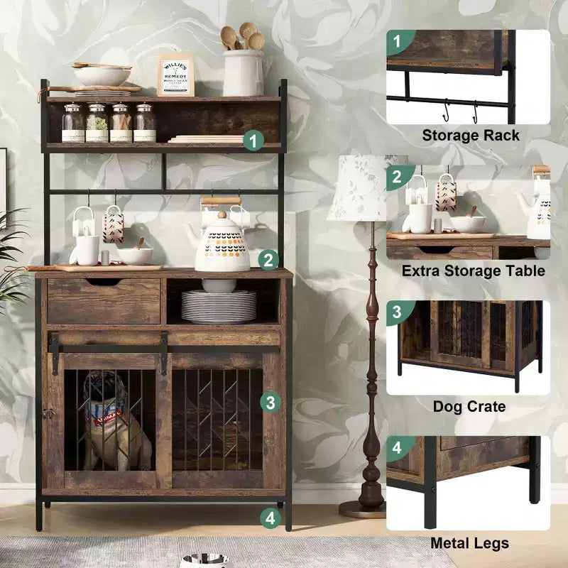 Mobile contenitore da cucina 2-in-1 con cuccia integrata per cani di piccola taglia fino a 18 kg, Marrone rustico
