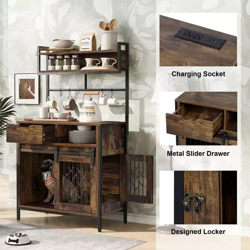 Mobile contenitore da cucina 2-in-1 con cuccia integrata per cani di piccola taglia fino a 18 kg, Marrone rustico