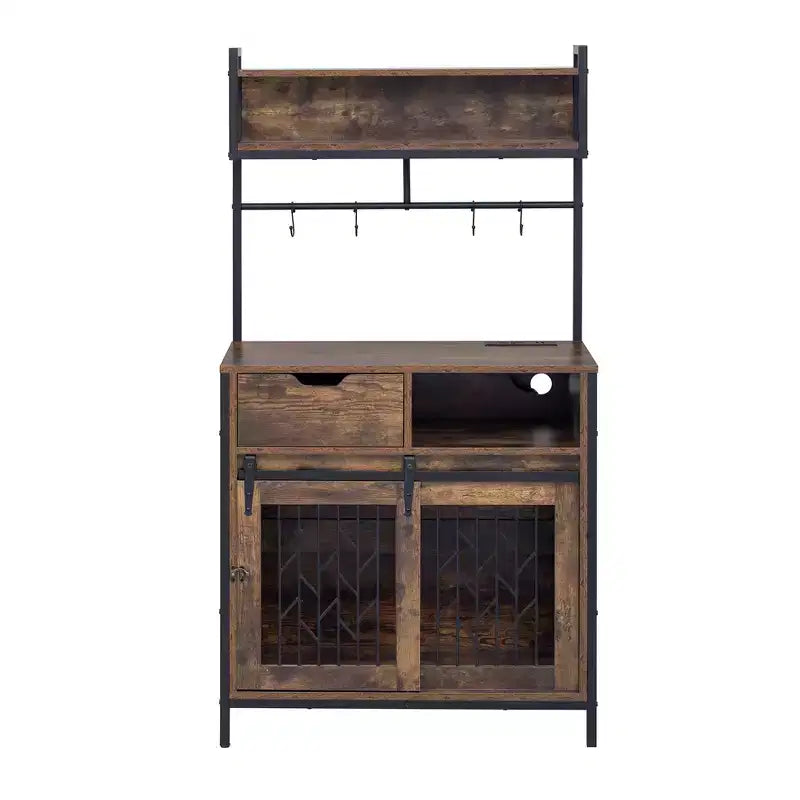 Mobile contenitore da cucina 2-in-1 con cuccia integrata per cani di piccola taglia fino a 18 kg, Marrone rustico