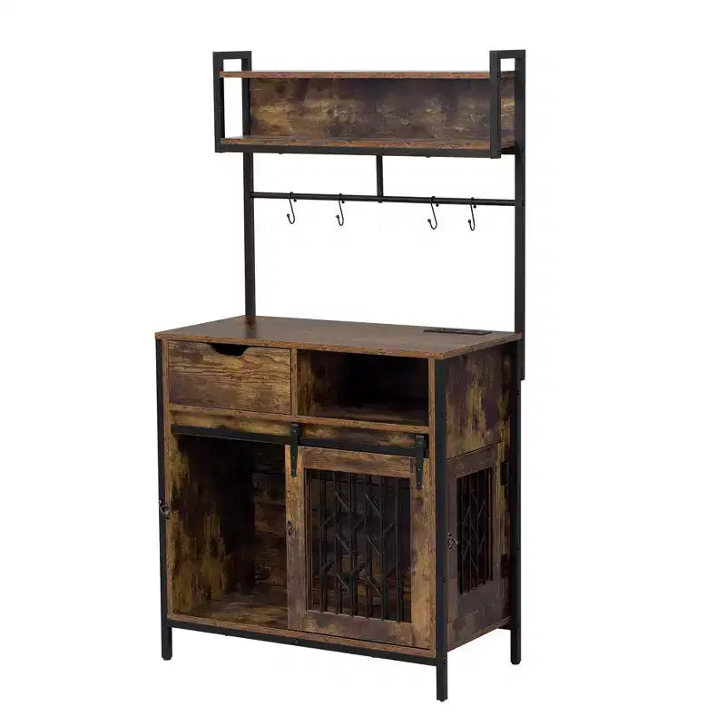 Mobile contenitore da cucina 2-in-1 con cuccia integrata per cani di piccola taglia fino a 18 kg, Marrone rustico