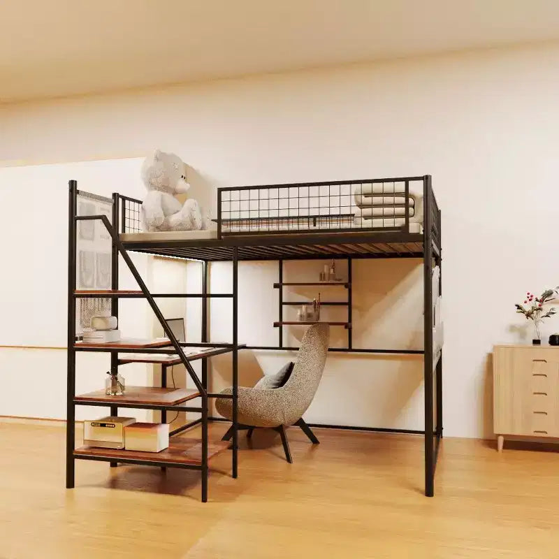 Letto a soppalco a grandezza naturale con spondina di sicurezza, scrivania, scalette e mensole portaoggetti per bambini e adulti