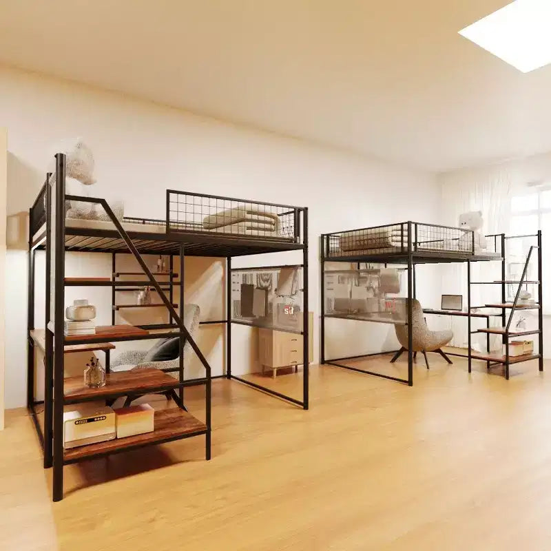 Letto a soppalco a grandezza naturale con spondina di sicurezza, scrivania, scalette e mensole portaoggetti per bambini e adulti