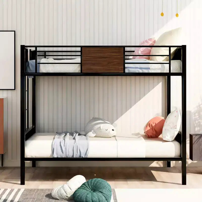 Letto a castello in metallo Full-Over-Full con venature del legno, struttura a castello in metallo con sponda di sicurezza per bambini e adulti, marrone