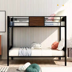 Letto a castello in metallo Full-Over-Full con venature del legno, struttura a castello in metallo con sponda di sicurezza per bambini e adulti, marrone