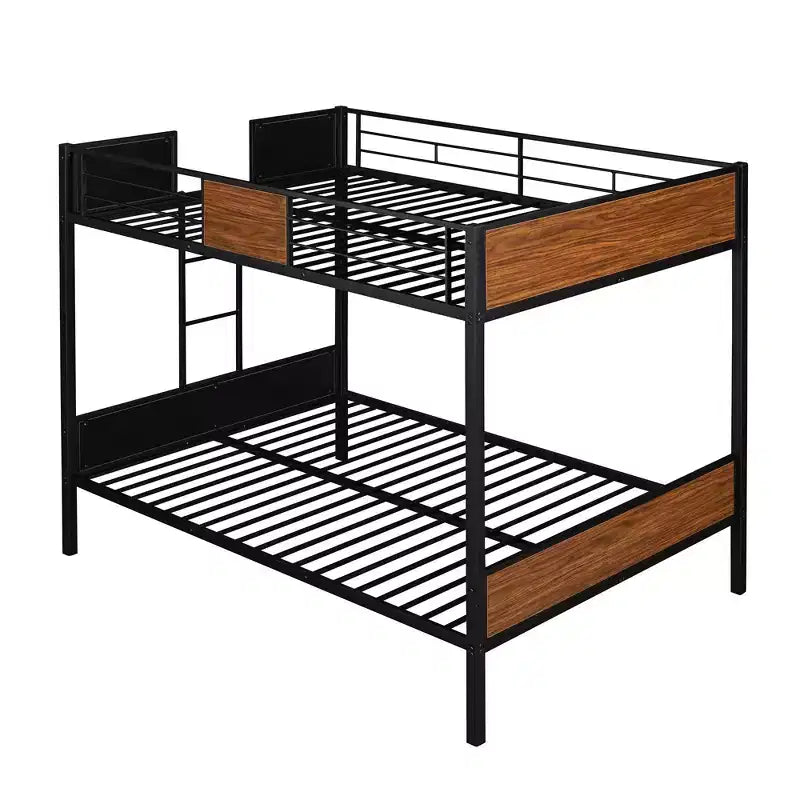 Letto a castello in metallo Full-Over-Full con venature del legno, struttura a castello in metallo con sponda di sicurezza per bambini e adulti, marrone