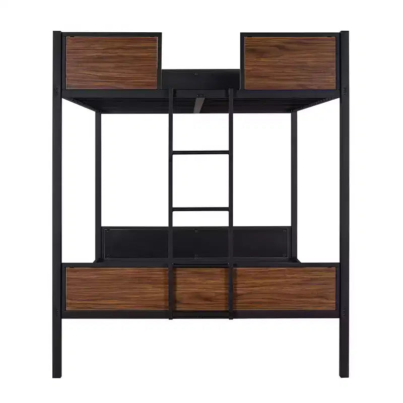 Letto a castello in metallo Full-Over-Full con venature del legno, struttura a castello in metallo con sponda di sicurezza per bambini e adulti, marrone