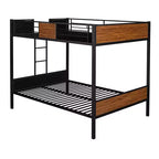 Letto a castello in metallo Full-Over-Full con venature del legno, struttura a castello in metallo con sponda di sicurezza per bambini e adulti, marrone