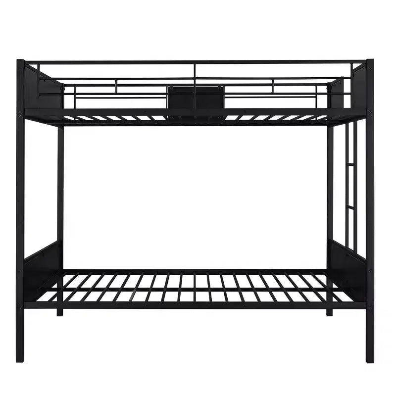 Letto a castello in metallo Full-Over-Full con venature del legno, struttura a castello in metallo con sponda di sicurezza per bambini e adulti, marrone