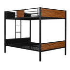 Letto a castello in metallo Full-Over-Full con venature del legno, struttura a castello in metallo con sponda di sicurezza per bambini e adulti, marrone