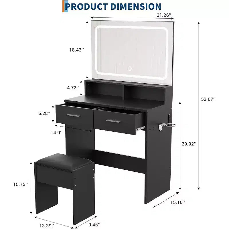 Set toeletta moderno con specchio LED regolabile a 3 colori, scrivania trucco con presa di corrente e 2 cassetti, tavolo da trucco e sgabello per camera da letto