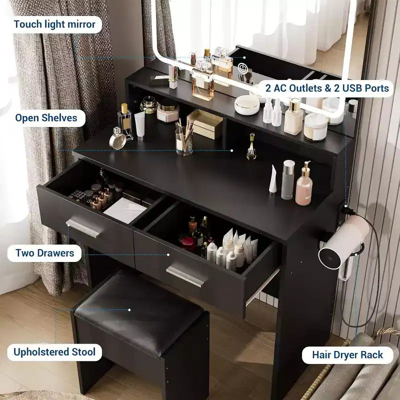 Set toeletta moderno con specchio LED regolabile a 3 colori, scrivania trucco con presa di corrente e 2 cassetti, tavolo da trucco e sgabello per camera da letto