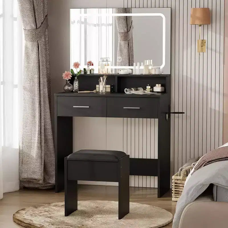 Set toeletta moderno con specchio LED regolabile a 3 colori, scrivania trucco con presa di corrente e 2 cassetti, tavolo da trucco e sgabello per camera da letto