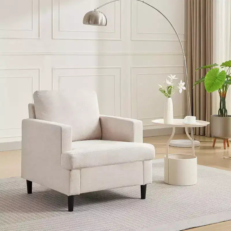 Mid-Century Modern Linen Fabric Armchair Comfy Upholstered Sofa with Thick Cushion & Leg, Deep Seat & No Assembly Required, for Living Room, Bedroom