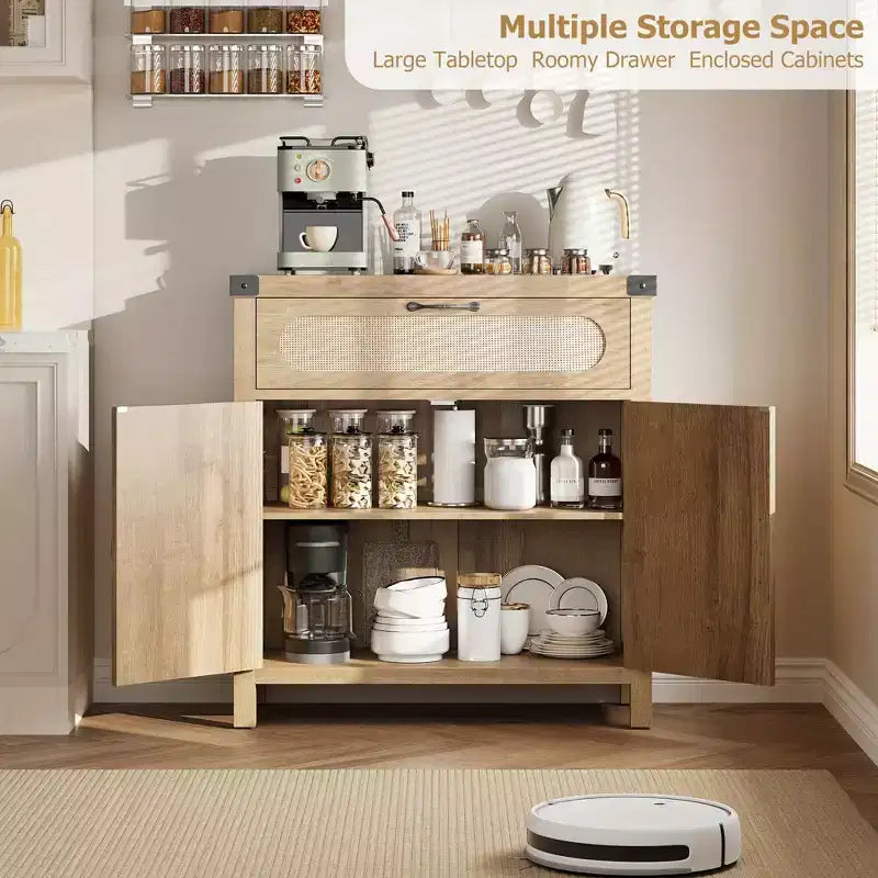 Mobile buffet piccolo in rattan da 29,9'' con contenitore, mobiletto da bar/caffè da cucina con ante e cassetto, credenza con ripiani regolabili e maniglia