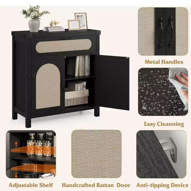 Mobile buffet piccolo in rattan da 29,9'' con contenitore, mobiletto da bar/caffè da cucina con ante e cassetto, credenza con ripiani regolabili e maniglia
