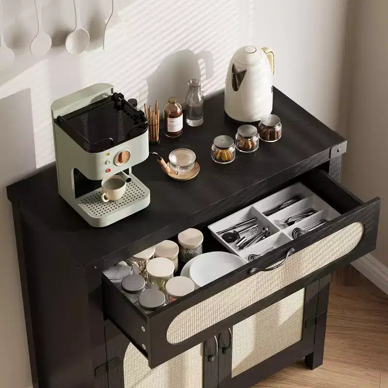 Mobile buffet piccolo in rattan da 29,9'' con contenitore, mobiletto da bar/caffè da cucina con ante e cassetto, credenza con ripiani regolabili e maniglia