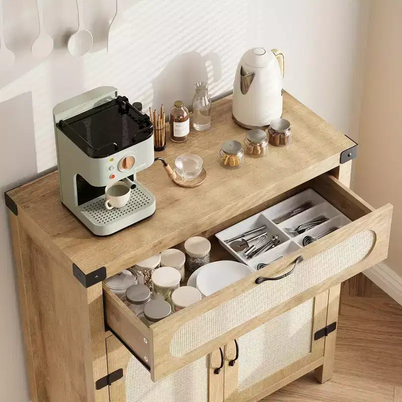 Mobile buffet piccolo in rattan da 29,9'' con contenitore, mobiletto da bar/caffè da cucina con ante e cassetto, credenza con ripiani regolabili e maniglia