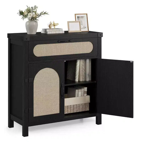 29.9'' Small Rattan Buffet Cabinet with Storage, Kitchen Coffee Bar Cabinet with Doors and Drawer, Sideboard with Adjustable Shelves and Handle