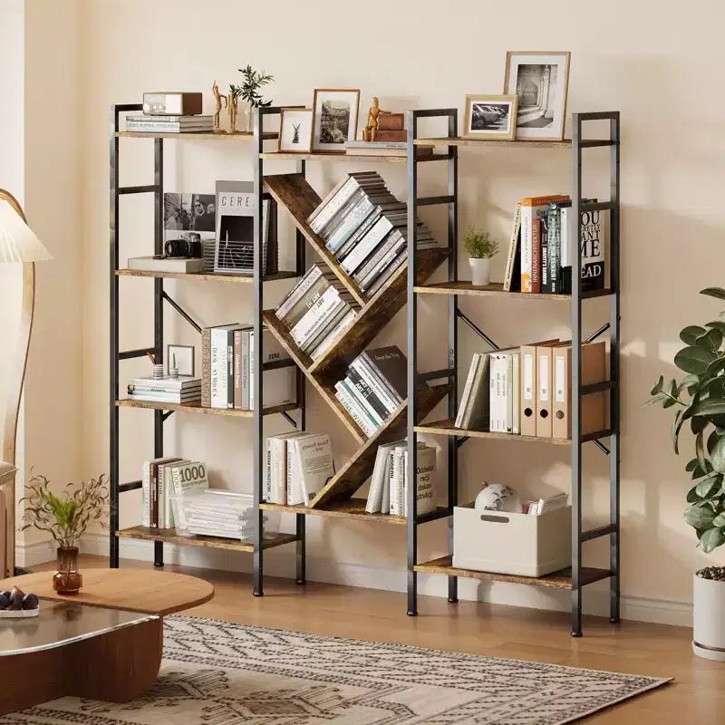 Libreria, Libreria a cinque ripiani tripla, Scaffale largo, Scaffale rustico in legno, per la camera da letto, il soggiorno, la casa e l'ufficio
