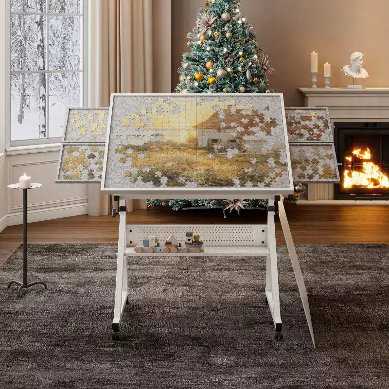 Tavolo da Puzzle Moderno Regolabile con 4 Vassoi in Feltro per l'Ordinamento, Struttura in Metallo e Legno