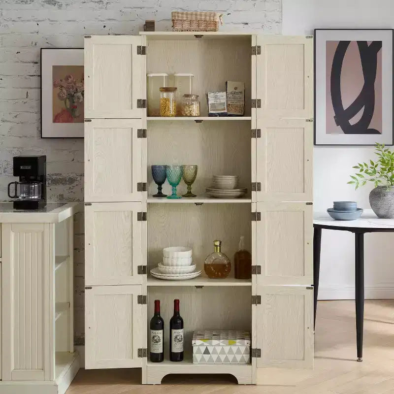 Mobile dispensa alto da fattoria con 8 ante, dispensa da cucina in legno da 72 pollici con 4 ripiani, libreria a 4 livelli autoportante