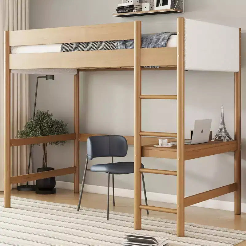 GDFStudio Kelsen Modern Rubberwood Twin Size Loft Bed with Desk and Boucle Upholstered Headboard