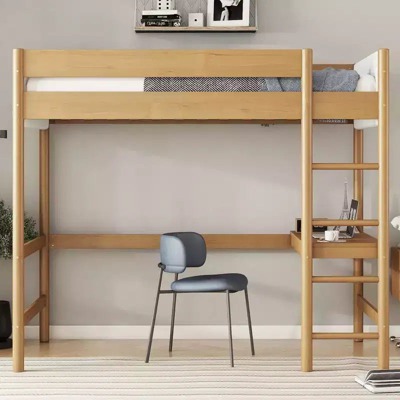 Modern Rubberwood Letto a soppalco a una piazza e mezza con scrivania integrata e testiera imbottita in boucle