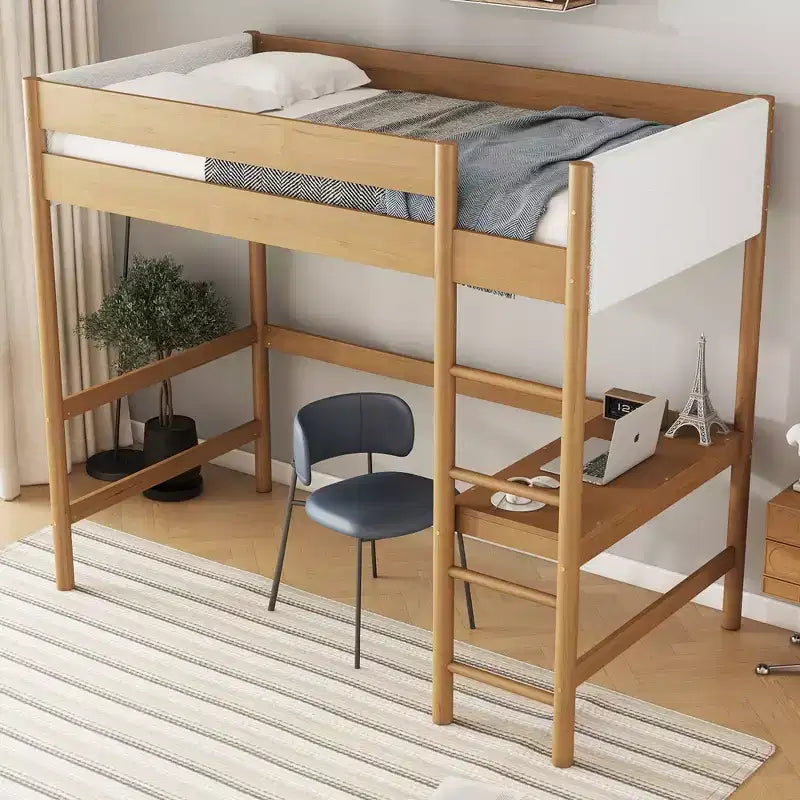 Modern Rubberwood Letto a soppalco a una piazza e mezza con scrivania integrata e testiera imbottita in boucle