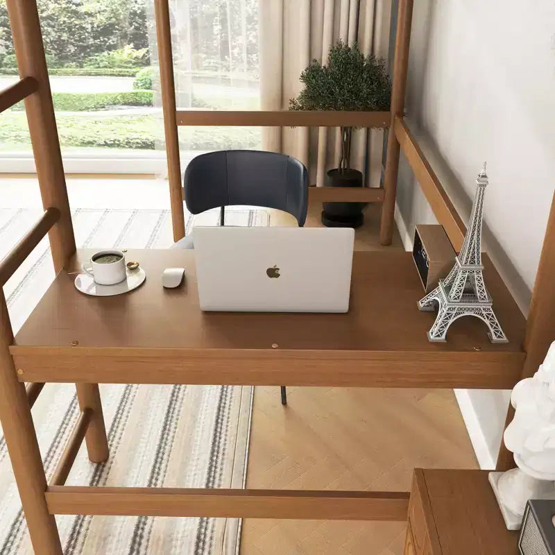 Modern Rubberwood Letto a soppalco a una piazza e mezza con scrivania integrata e testiera imbottita in boucle