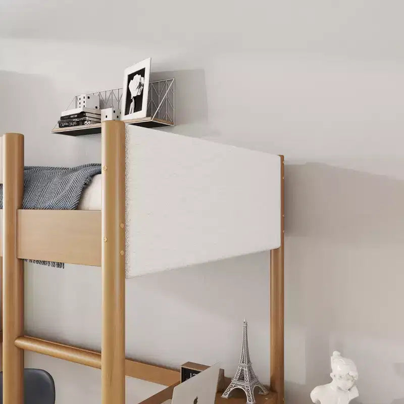 Modern Rubberwood Letto a soppalco a una piazza e mezza con scrivania integrata e testiera imbottita in boucle